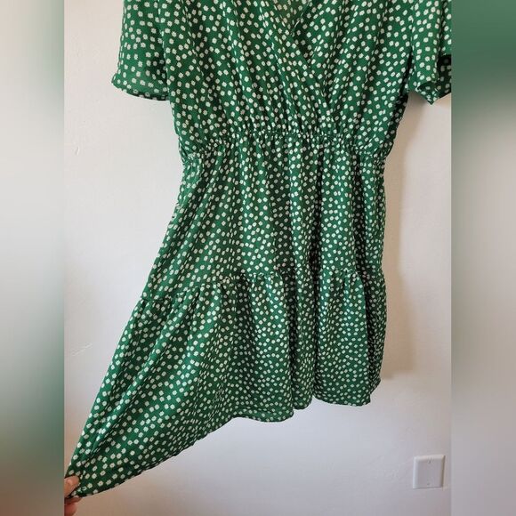 Plus Size 1X Wrap Dress Tiered Midi Green Polkadot Cottage Pastoral Maiden Fairy - Picture 3 of 6